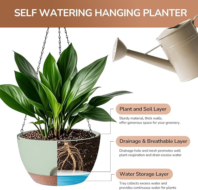 Hanging Planter for Indoor Plants, 10 Inch Self-Watering Hanging Planters with Drainage Holes and Chain, Set of 2 Outdoor Hanging Pots for Garden Home LesOasis