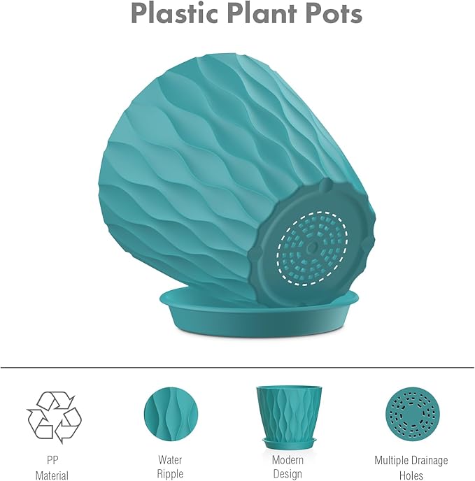 6 inch Flower Pots, 5 Pack Plant Pots for Indoor Plants, Water Ripples Plastic Planters with Drainage Holes and Saucers, Nursery Pots for Small Succulent Garden House Plants, Blue Green Meowell