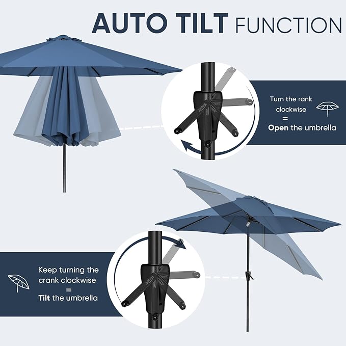 Tempera Patio Market Outdoor Table Umbrella with Auto Tilt and Crank, Large Sun Umbrella with Sturdy Pole & Fade Resistant Canopy, Easy to Set TemperaPatioLife