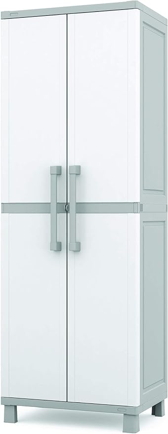 Keter Storage Cabinet with Doors and Shelves for Laundry Room, Garage, Bathroom Accessories, Closet and Home Organization, White & Grey Keter