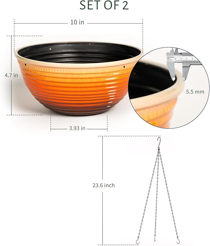 2 Pack Hanging Planters for Indoor Outdoor Plants, 10 Inch Hanging Planter with Drainage Hole & Plug Glazed Hanging Baskets Flower Pots for Garden Home, Orange Vanslogreen