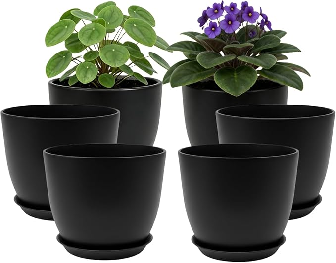 Plant Pots 8 Inch Set of 6, Flower Pots with Drainage Holes and Saucer, Plastic Garden Planters for Indoor & Outdoor Plants (Black) Vanslogreen