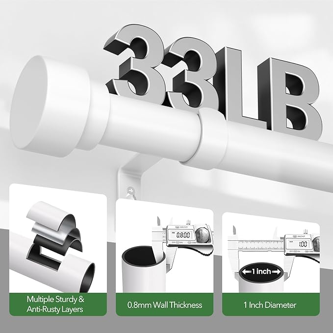 Curtain Rods for Windows 48 to 84, 1 Inch Adjustable White Heavy Duty Long Curtain Rod, Modern Style Indoor Outdoor Window Drapery Rods with End Caps, Size 32" - 90" TimeForest