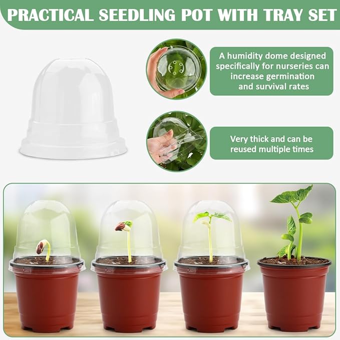 4 Inch 60 Pack Nursery Pots with Humidity Domes & 5 Pack 12 Cell Round Seedling Pot Carrying Trays, Sturdy Seeds Starter Pot Germination Set, Small Planter Nursery Propagation 5 Sets RooTrimmer