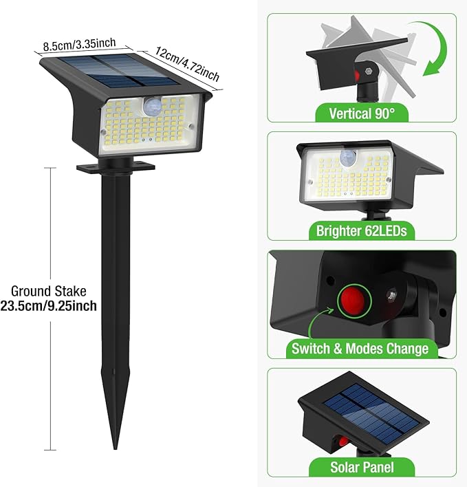 nipify 8 Pack Solar Spot Lights Outdoor - 62 LED Motion Sensor Outdoor Spotlights Waterproof with 3 Modes, Auto On/Off Solar Powered Landscape Lighting for Outside Yard Garden Tree Driveway,Cool White Nipify