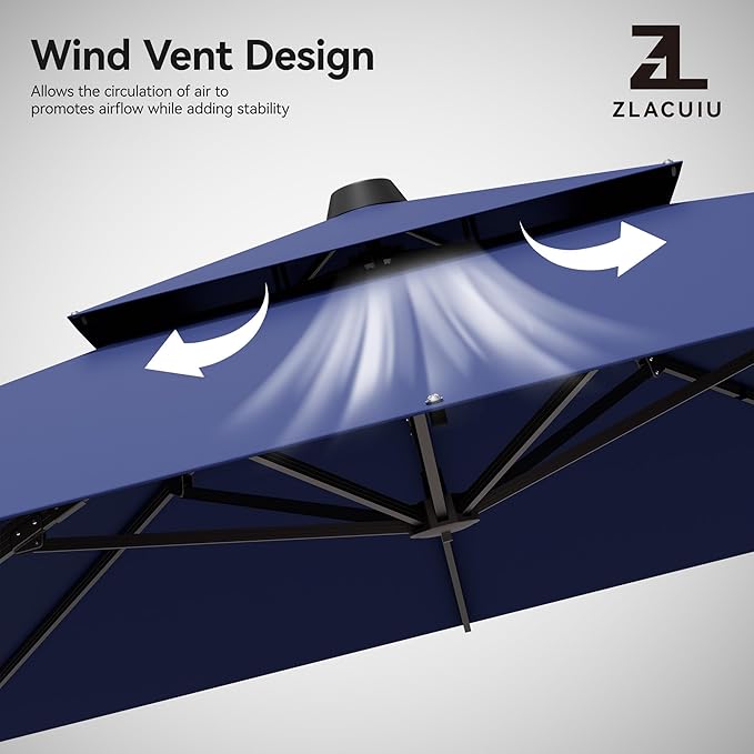 9x12FT Navy Blue Cantilever Outdoor Patio Umbrella with Base, Large Rectangular Offset Design, Double Top Heavy Duty Aluminum Frame & 360° Rotation for Pool Garden Deck Backyard ZLACUIU