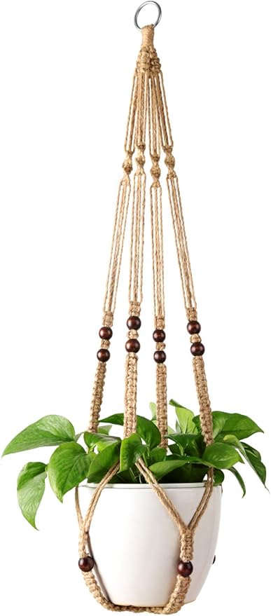 Mkono Macrame Plant Hanger Indoor Jute Hanging Planter Basket with Wood Beads Decorative Flower Pot Holder No Tassels for Indoor Outdoor Boho Home Decor 35 Inch, Brown, Set of 1 (POTS NOT Included) Mkono