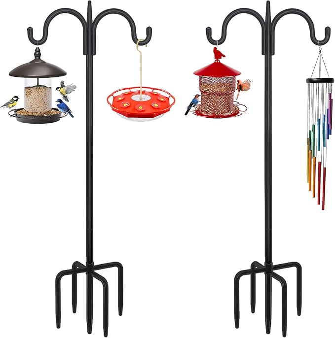 FEED GARDEN Adjustable Double Shepherds Hook for Outdoor with 5 Prong Base 108 Inch Heavy Duty Two Sided Bird Feeder Pole for Hanging Plant Baskets, Solar Light Lanterns, Wind Chimes 2 Pack FEEDGARDEN