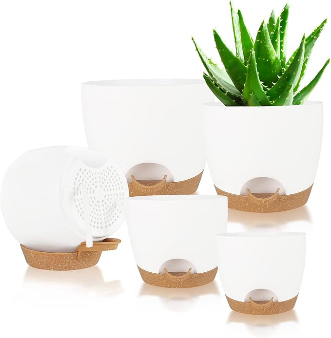 Self Watering Planters with Drainage Holes Reservoir,Nursery Planting Pot for Indoor Decor Garden Plants Succulents,Snake Plant, African Violet,Plastic Flower Pots Set 7+6.5+6+5.5+5 Inch (White) STSTECH