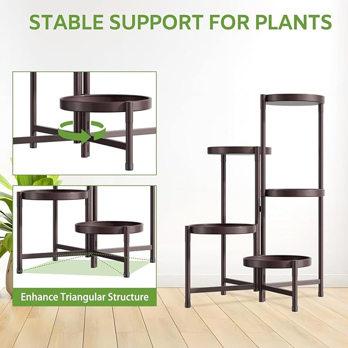 iDavosic.ly 5 Tier Large Plant Stand Indoor, 10 Inch Wide Tall Corner Metal Plant Stands Outdoor for Multiple Plants, Folding Tiered Flower Display Holder Rack Shelf, Violet Bronze iDavosicly