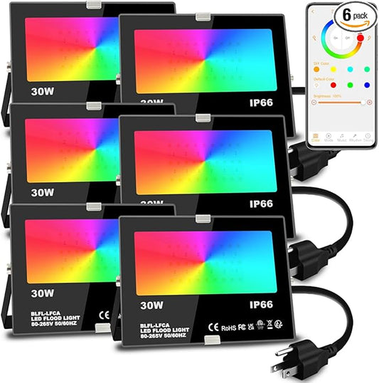 Led Flood Light 30W, 300W Equivalent 3000 LM Outdoor Color Changing Led Stage Landscape Lights, Bluetooth RGBW Smart Floodlights 2700K & 16 Million Colors&Timing& Music Sync, IP66，US 3-Plug (6 Pack) MELPO