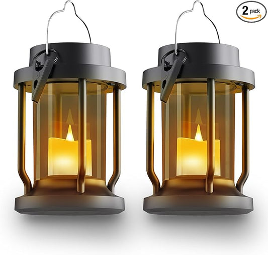 Solar Lantern Outdoor & Indoor Use – Hanging Solar Lights with Realistic Flickering Flameless Candle, Weatherproof for Gardens, Patios, Trees, and Lawns (Black + Gray, 2 Pack) Rootora