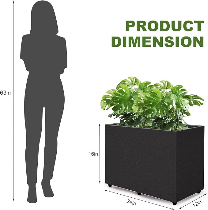 Planter Box Rectangular Block - 24×16×12IN Galvanized Steel Metal Long Box Planter Easy Installation Modern Outdoor Tall Planters All-Weather Use with Drainage Holes for Patio/Porch(Black) Zezgeuro