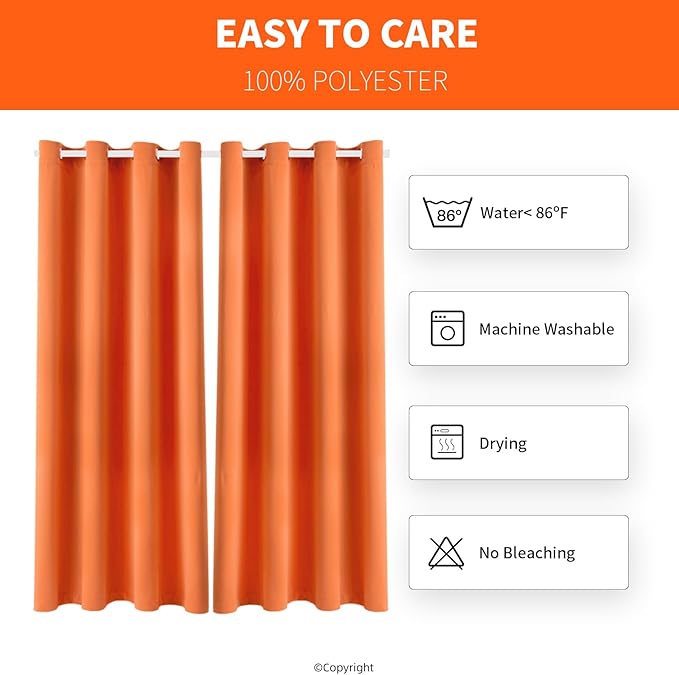 Waterproof Outdoor Curtain W52 x L63 - Grommet Top Sunlight Blocking Window Treatment Drapes Blackout Curtains for Home Bedroom Living Room Outdoor Patio Porch Pergola (Orange, 2 Panels) DivaenCamino