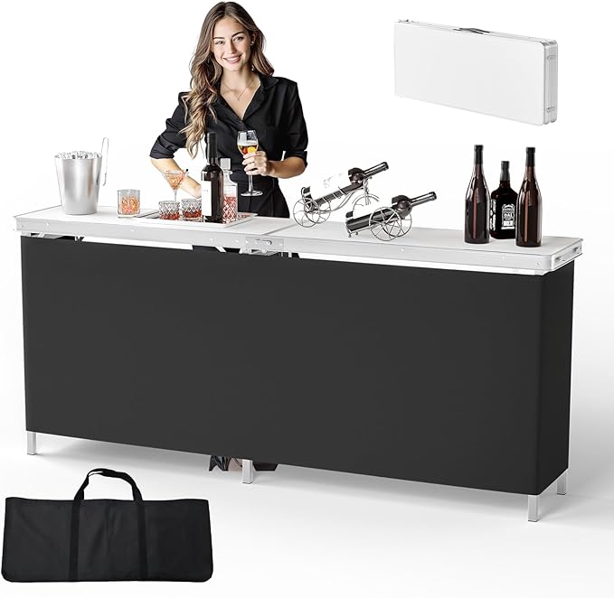 VINGLI 78" Portable Bar Table, 2-Tier Shelves, Mobile Bar Table for Events, Party, Camping, Picnic, Tradeshow, Indoor with Black Skirt VINGLI