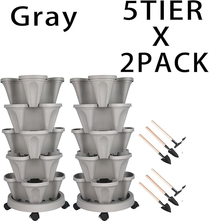 GameXcel Vertical Planter 7 Tier Stackable Planters Garden Planters Strawberry Herb Flower and Vegetable Planter Indoor Outdoor Gardening Pots with Removable Wheels and Tools 2-Pack GameXcel