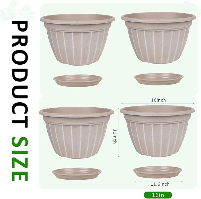 FGstyle 4 Pack 16 inch Plant Pots, Retro Vertical Stripe Planters with Drainage Holes and Saucer, Sturdy Plastic Garden Flower Pots for Indoor & Outdoor Plants(Beige) FGstyle