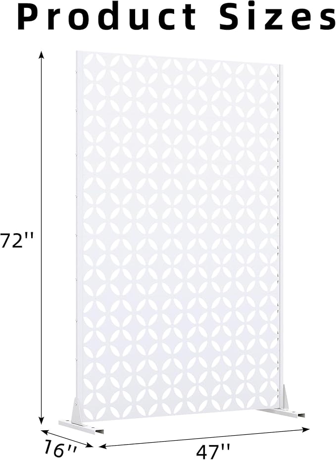 Casaphoria 72" H x 47" W Metal Privacy Screen, Outdoor Freestanding Decorative Divider for Patio, Deck, Balcony, and Garden with Stable Base, White-Daniel Casaphoria