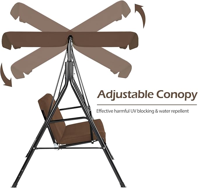 AECOJOY Porch Swing with Stand. 3-Seat Outdoor Clearance Porch Swings for Adults, Outdoor Patio Swing with Adjustable Canopy & Removable Cushion for Backyard, Garden, Yard, Poolside, Balcony (Brown) AECOJOY