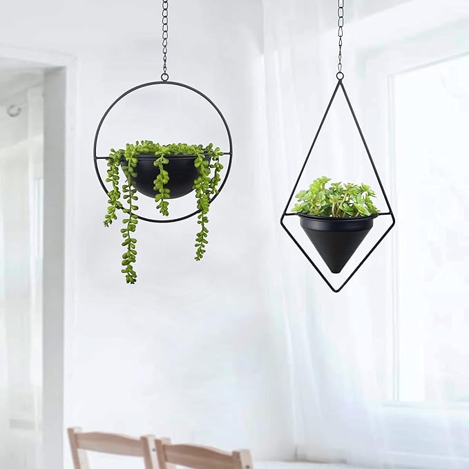 Metal Hanging Planters, Modern Plant Hanger with Pots, Set of 2 Black Plant Holders in Diamond and Round Shape, Small Wall and Ceiling Planter for Indoor Plants, Home Décor- Black HemePaha