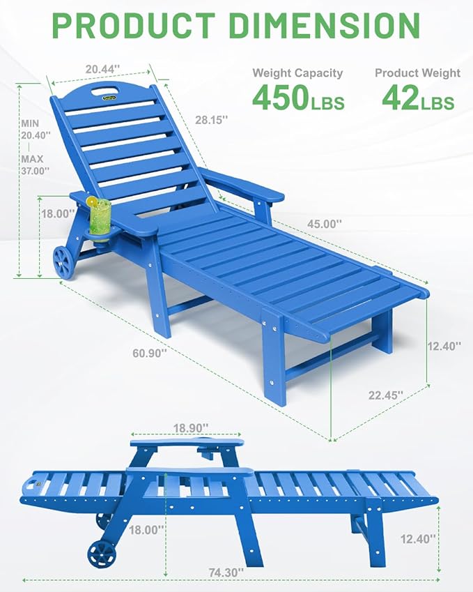 Lounge Chair Outdoor, Chaise Lounge Outdoor, HDPE 6-Position Lounge Chair for Outside, Patio Lounge Chair with Wheels & Cup Holder for Pool Poolside Deck Backyard, Navy Blue Suunyn