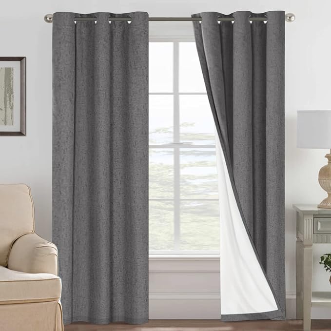 H.VERSAILTEX Primitive Linen Curtains 100% Blackout Curtain Drapes Burlap Fabric Curtains with White Thermal Insulated Liner, Grommet Top Drapes Living Room/Bedroom (2 Panels, 42 x 84 Inch, Grey) HVERSAILTEX