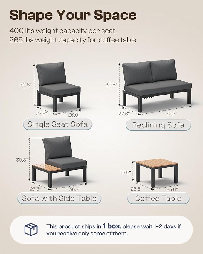 Aluminum Outdoor Patio Sofa Set, 2 Seats Modular Sectional Reclining Loveseat Sofa with Adjustable Backrest & Removable Cushions, All-Weather Conversation Sets for Garden & Yard, Graphite Oasbira