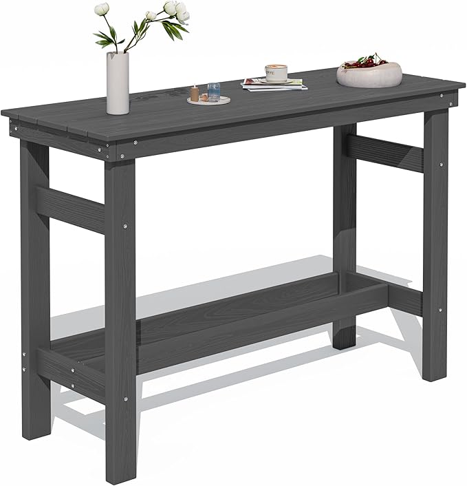 SERWALL 41" Outdoor Bar Table with 1.6" Umbrella Hole, HDPE Patio Bar Counter Height Table, All-Weather Rectangle Bar Table for Backyard, Garden, Poolside, Balcony - Grey SERWALL