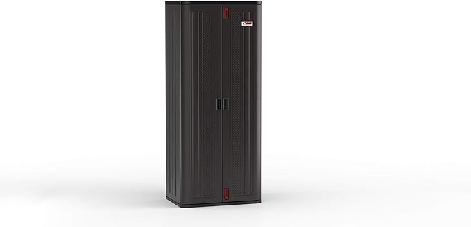 Suncast 19 Cubic Ft. Heavy-Duty Resin Cabinet with Lockable Handles, Multi-Wall Construction, and Metal-Reinforced Shelves for Basement, Utility Room and Garage Storage, Black, Made in the USA SuncastCommercialProducts