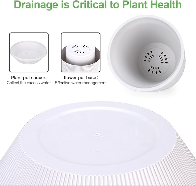 Plant Pots，Set of 2 Plastic Large Pots for Indoor Plants,Flower Pots Outdoor Planters with Drainage Hole and Seamless Saucer,(White 12Inches) Rootora