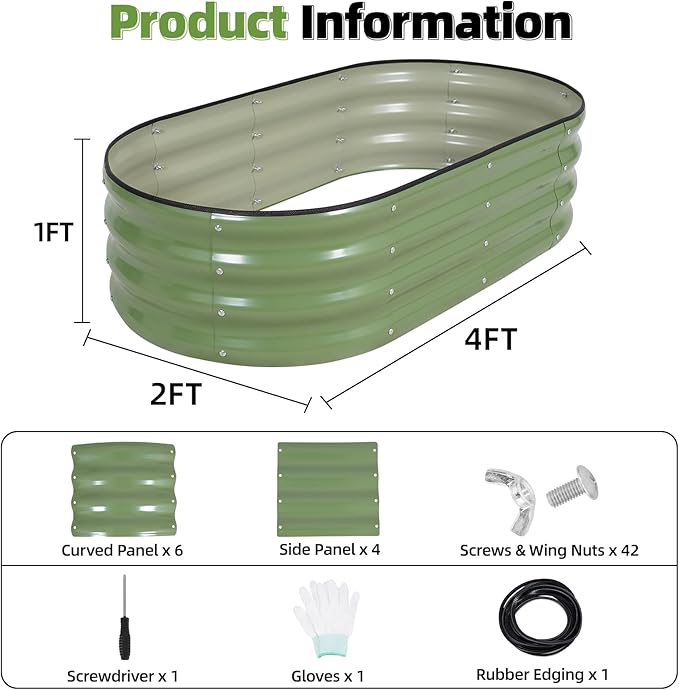 G GOOD GAIN Galvanized Metal Raised Garden Bed Kit - 4x2x1FT Outdoor Planter Box with Safety Edging and Gloves for Vegetables, Fruits, Flowers(OliveGreen, 2PC) GGOODGAIN
