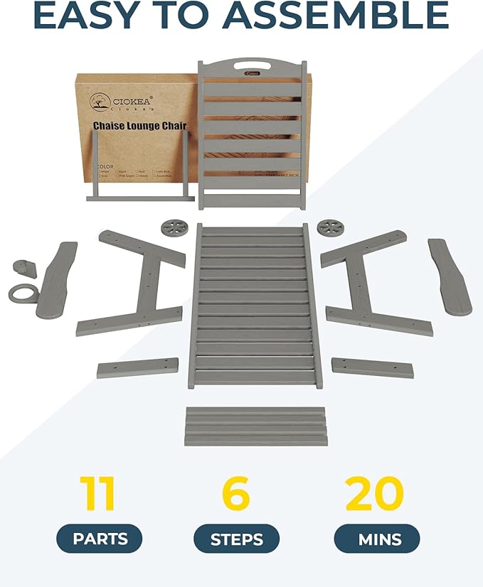 Ciokea Lounge Chair Outdoor, Oversized Chaise Lounge Chair with 5 Positions, HDPE, Patio Lounge Chair with Wheels & Cup Holder for Pool, Deck, Poolside, Grey CIOKEA