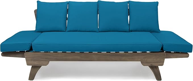 Merax Outdoor Patio Daybed Sofa,3-Seat Sofa with Foldable Arm 4 Back Pillows,Teak Acacia Wood Frame Beige Removable Cushion,Grey+Teal Merax