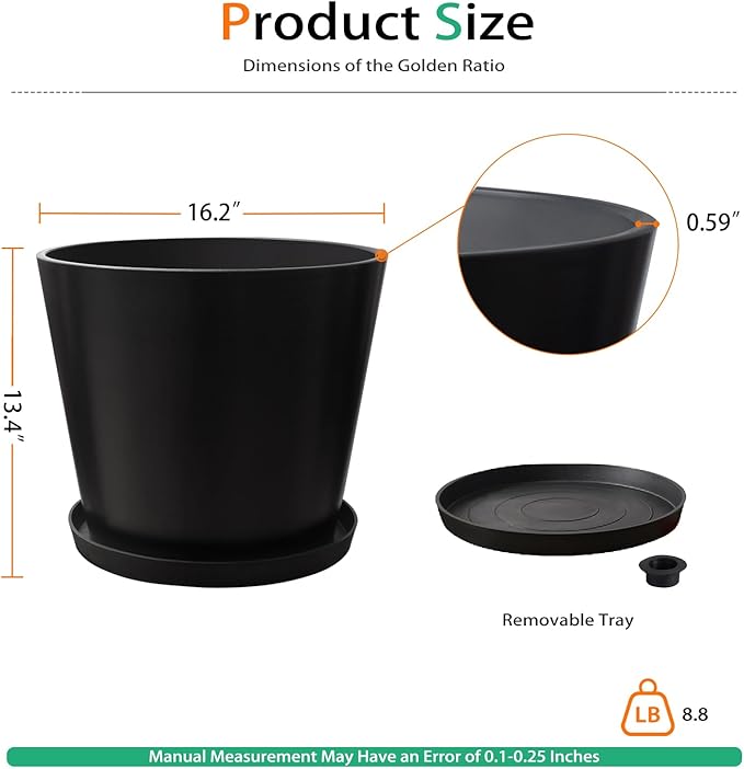 Wide Planters for Outdoor Plants, Extra Large Indoor Flower Pots for Garden, Front Porch, Patio - Round Resin Planter Set of 2 (Black, 16 inch - 2 Pack with Saucers) Heyzier