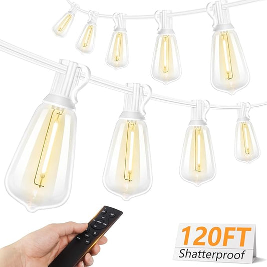 Brightever 120FT LED Outdoor String Lights with Remote, Patio Lights Outdoor Waterproof with 38 Shatterproof Edison Bulbs, Dimmable Outside Hanging Light for Birthday, Party, Christmas Decor, White Brightever