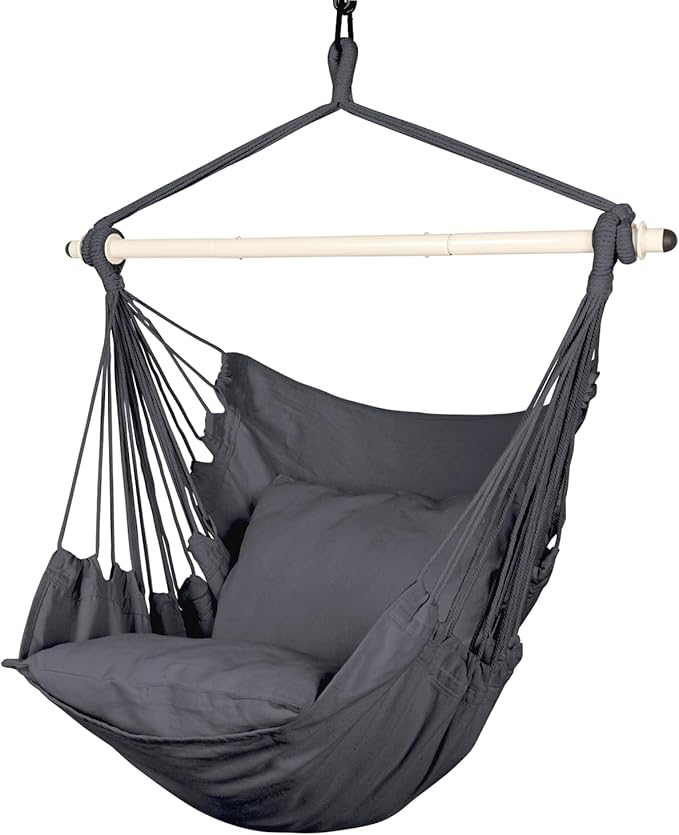 Highwild Hammock Chair Hanging Rope Swing - Max 500 Lbs - 2 Cushions Included - Steel Spreader Bar with Anti-Slip Rings - for Any Indoor or Outdoor Spaces (Grey) Highwild
