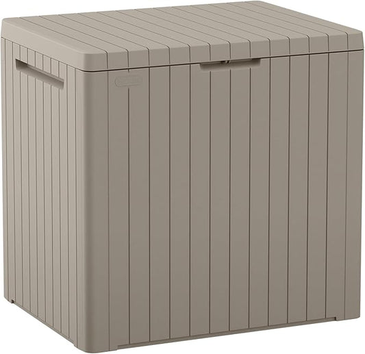 Keter City 30 Gallon Resin Outdoor Storage Box & Patio Side Table for Balcony, Pool, Deck & Garden Accessories, Weather‑Resistant, Beige Keter
