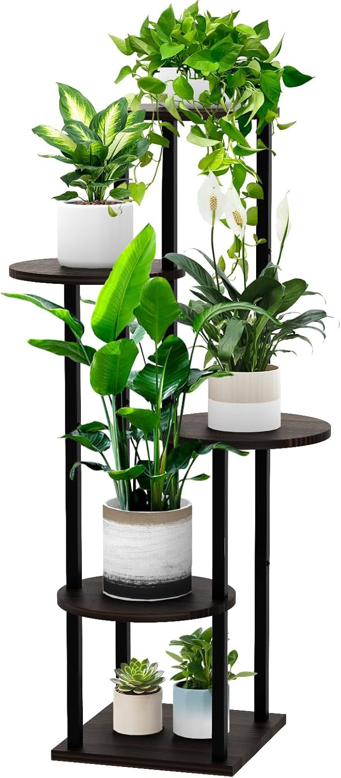 5 Tier Wood Tall Plant Stand Metal Rack Indoor, Multiple Flower Pot Holder Shelves Corner Rack, Round Planter Shelf Display Rack Storage Organizer for Patio Living Room Balcony(Black Oak) YOCOMEY