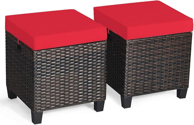 Tangkula 2 Pieces Outdoor Patio Ottoman, All Weather Rattan Wicker Ottoman Seat, Patio Rattan Furniture, Outdoor Footstool Footrest Seat w/Removable Cushions TANGKULA