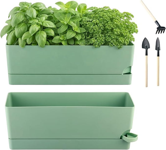 2 Pack Self Watering Pots for Indoor Plants 17 Inches Window Boxes Planters Rectangular Flower Pots Rectangle Herb Pots Large Plant Pots with Drainage Holes and Saucers Windowsill Planter, Green KvyusFlourish