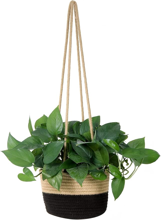 Hanging Planter Basket Jute Rope Woven Plant Hangers Indoor Hanging Plant Holder Up to 7" Pot Macrame Modern Storage Organizer Home Decor (Jute-Black) RUIZHIXUAN