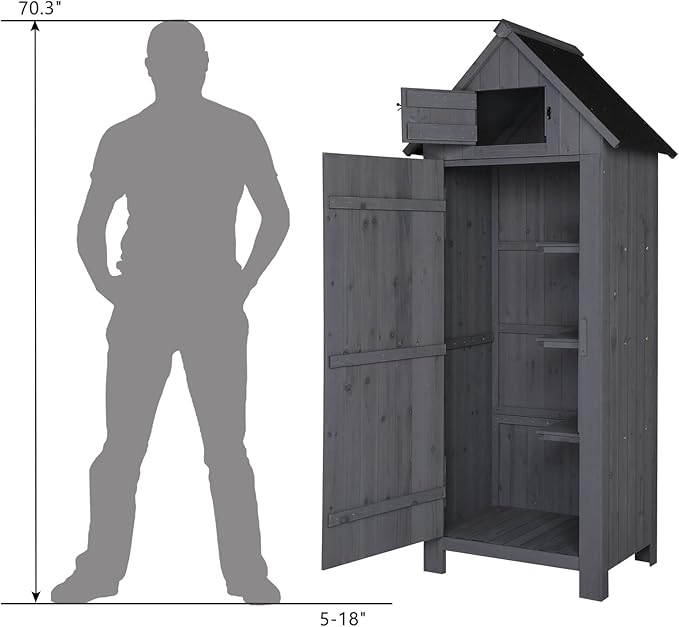 Outvita 70in Outdoor Storage Shed, Waterproof Wooden Garden Storage Cabinet with Lockable Door, Grey Outvita