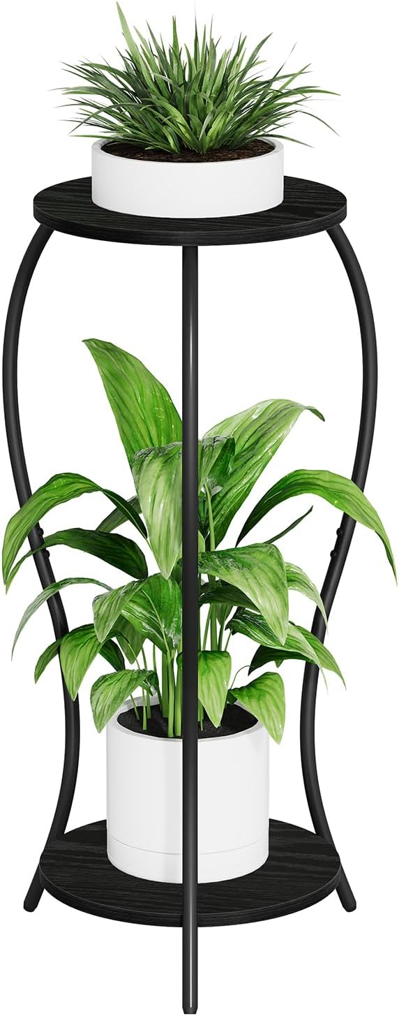 Plant Stand Indoor, 2 Tier Round Tall Plant Stand, Flower Pot Stand, Plant Shelf Rack, Corner Plant Stand for Planter Garden Balcony Patio Living Room (Black-Wood, 2 Tier) VYUOL