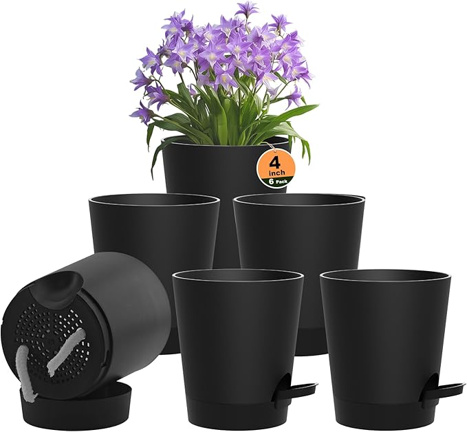 Self Watering Pots, 4 inch Flower Pots with Multi Mesh Drainage Holes, Small Platic Planters for Indoor Outdoor Garden Plants and Flowers (Black, 4") Rootora