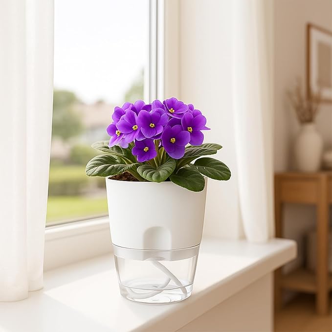 8 Pack Self Watering Pots for Indoor Plants, PlanterHoma 3.2 Inch Plant Pot Plastic Self Watering Planter for Orchid, African Violet, Mini Clear Flower Pots with Drainage Holes and Wicking Rope, White Planterhoma