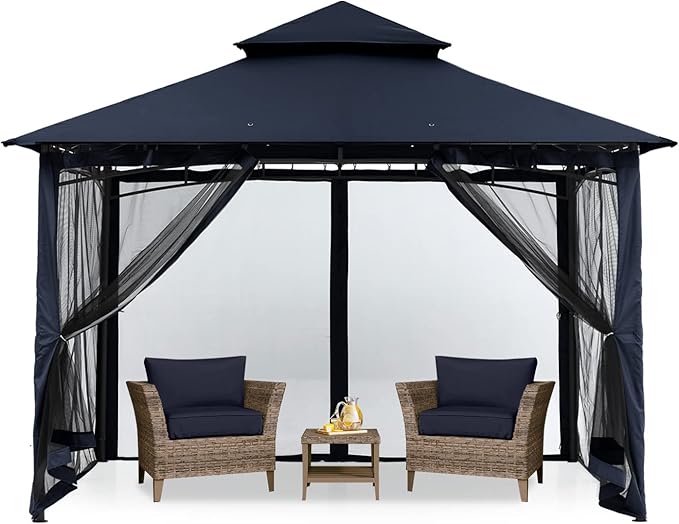 MASTERCANOPY Outdoor Garden Gazebo for Patios with Stable Steel Frame and Netting Walls (9x9,Navy Blue) MASTERCANOPY