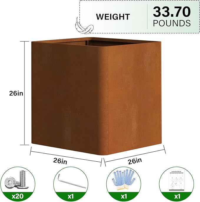 Corten Steel Planter Box 26" L x 26" W x 26" H,Large Metal Square Planter for Outdoor Plants,Metal Cube Flower Pot with Drainage Hole for Porch Hotel Patio Yard Gardenaire