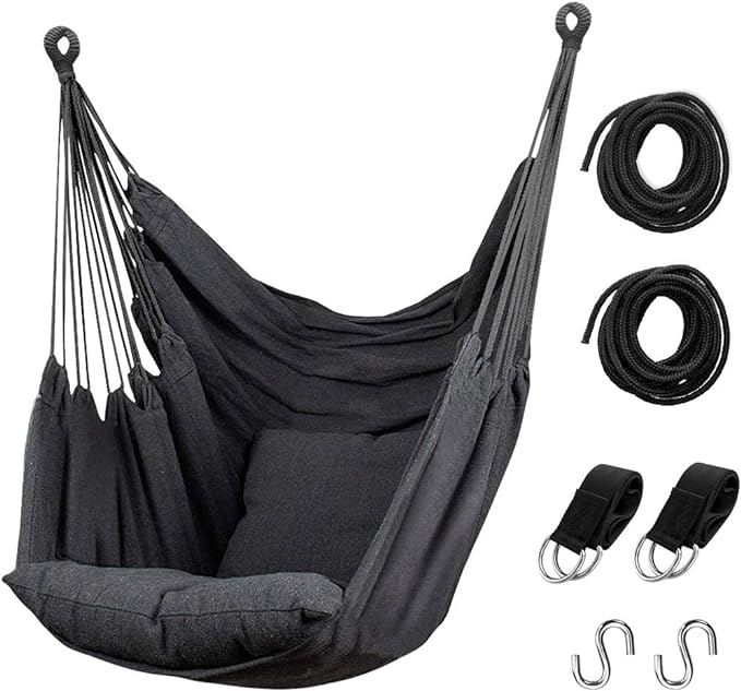 Hommtina Hammock Chair Hanging Rope Swing, Max 300 Lbs Hanging Chair with Pocket & Durability Perfect for Outdoor, Home, Bedroom, Patio, Yard (Pillows NOT Included,Dark Gray) Hommtina