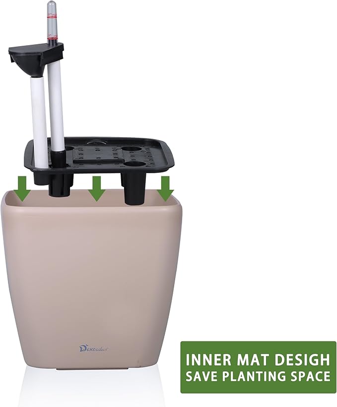 Dexceder 11x10 Self Watering Planter Indoor Outdoor, Inner Mat Design, Thickened Table Flower Plant Pot with Water Level Indicator (Taupe Matte) Dexceder