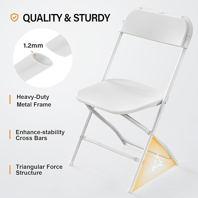 VINGLI 1 Pack White Plastic Folding Chair, Indoor Outdoor Portable Stackable Commercial Seat with Steel Frame 350lb. Capacity for Events Office Wedding Party Picnic Kitchen Dining VINGLI